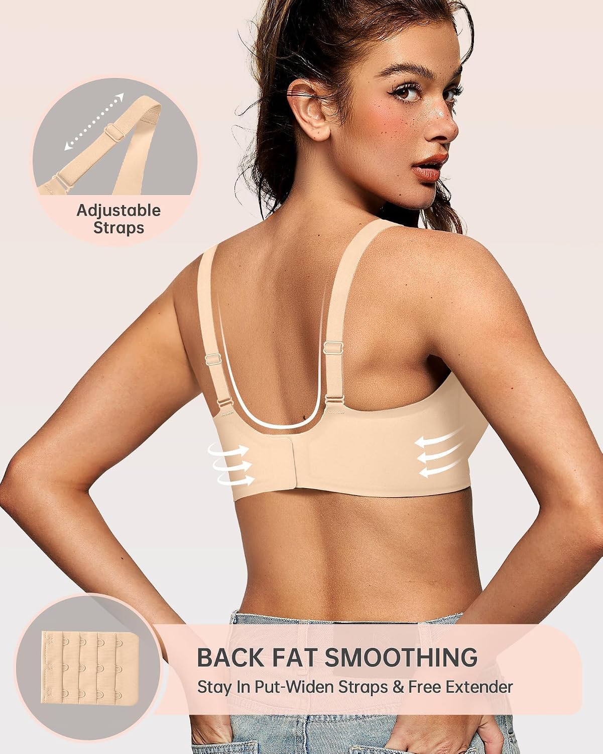 OEAK Womens Jelly Bras Wireless Deep V Comfy Push Up Tshirt Bras XXL Beige