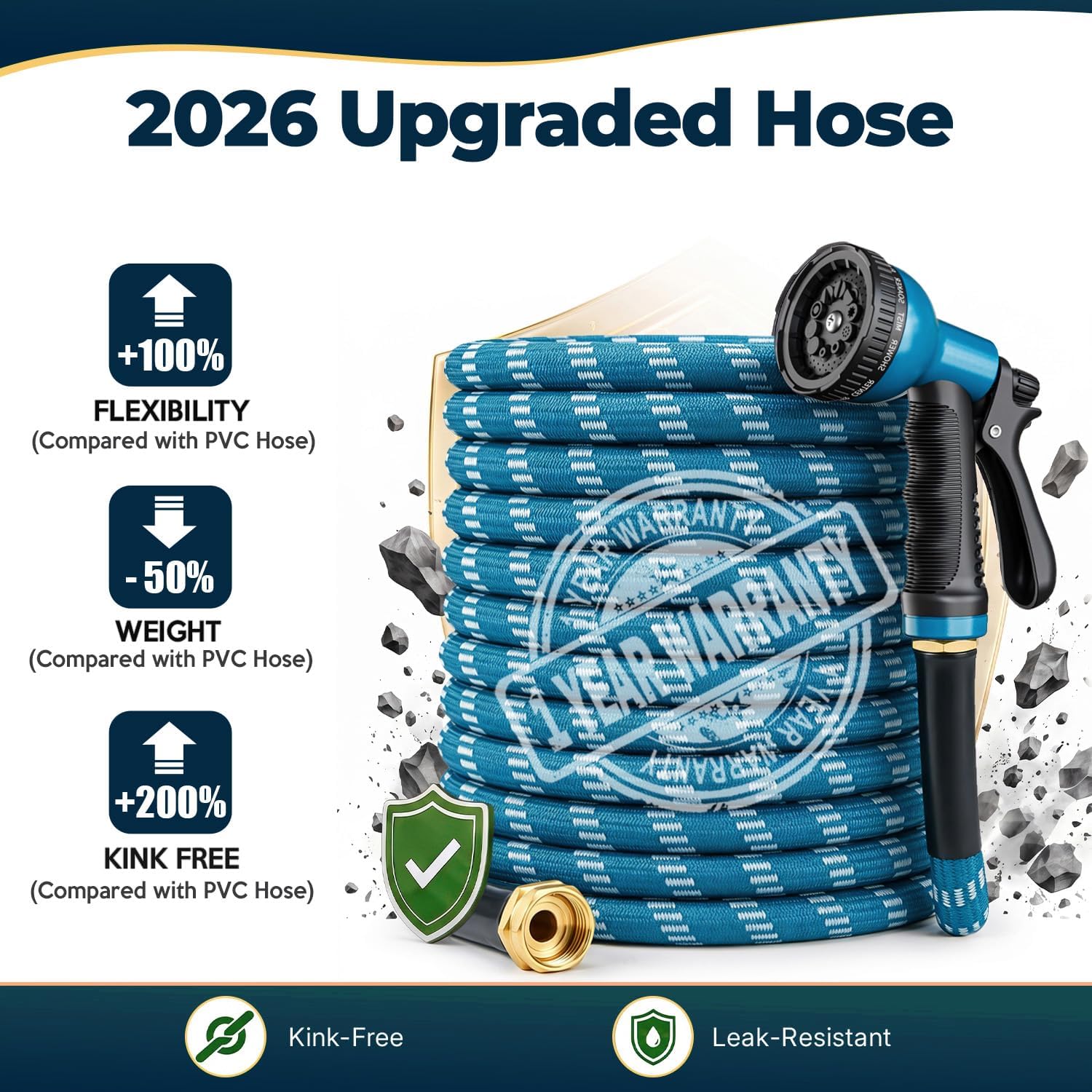 Garden Hose 100 ft, 2026 Upgraded Kink Free Flexible Water Hose 100ft With 10 Pattern Spray Nozzle, Leak-Proof, Portable, Ultra Lightweight & Durable Garden Hose for Yard, Lawn, Outdoor, Blue & White