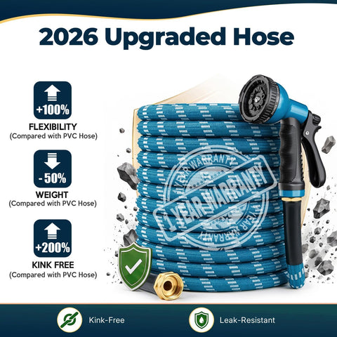 Garden Hose 100 ft, 2026 Upgraded Kink Free Flexible Water Hose 100ft With 10 Pattern Spray Nozzle, Leak-Proof, Portable, Ultra Lightweight & Durable Garden Hose for Yard, Lawn, Outdoor, Blue & White