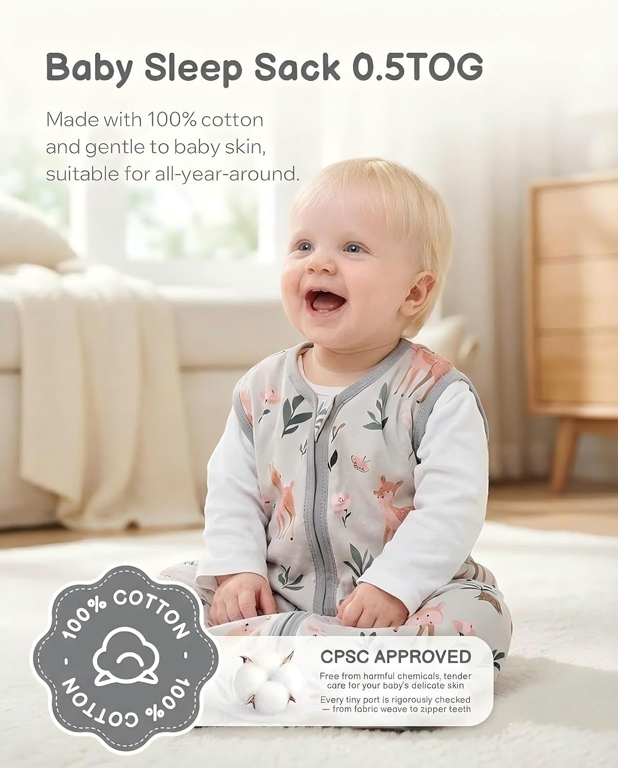 3 Pack Baby Sleep Sack 12-18 Months 100% Organic Cotton, 0.5 TOG Lightweight Wearable Blanket, 2-Way Zipper Sleeping Bag, Cotton&Fawn&Grey