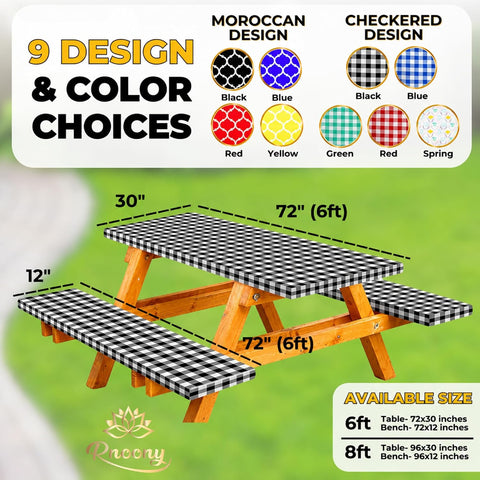 RNOONY Vinyl Fitted Picnic Table Cover with Bench Covers & Bag, 6 FT Outdoor Waterproof & Windproof Durable Tablecloth with Elastic Edges, Camping Essentials, RV Gear, 72x30 Inches - Black Checkered