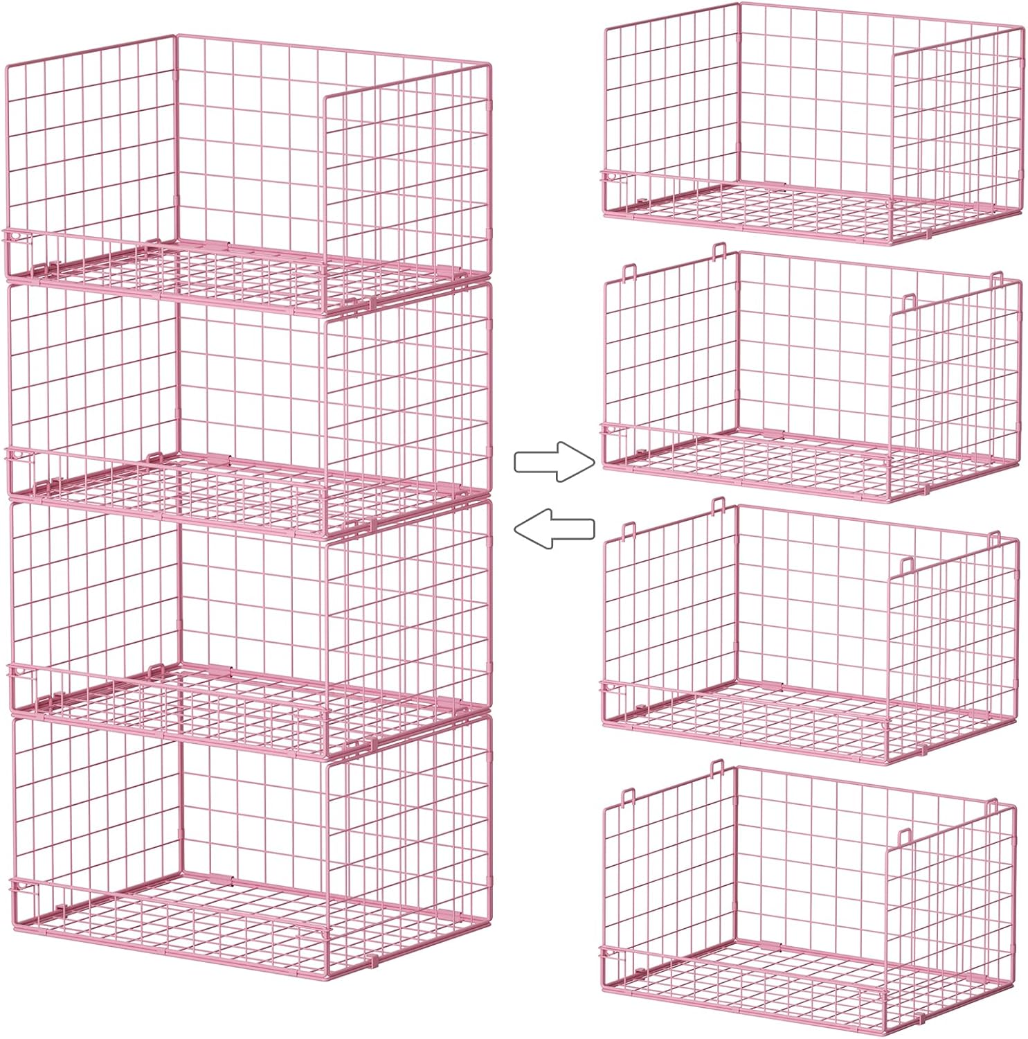 4-Tier Closet Organizers and Storage, Stackable Closet Organizer Basket, Foldable Closet Shelf Organizer Basket, Stackable Storage Bins and Organizer Shelves for Home Closet Organizer System, Pink
