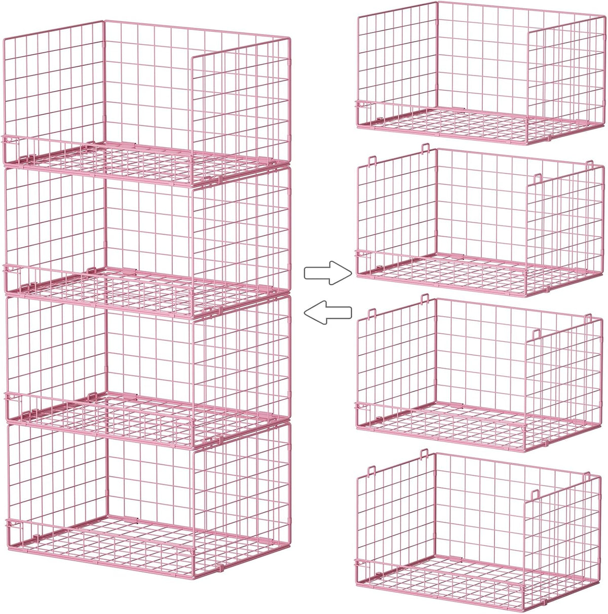 4-Tier Closet Organizers and Storage, Stackable Closet Organizer Basket, Foldable Closet Shelf Organizer Basket, Stackable Storage Bins and Organizer Shelves for Home Closet Organizer System, Pink