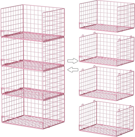 4-Tier Closet Organizers and Storage, Stackable Closet Organizer Basket, Foldable Closet Shelf Organizer Basket, Stackable Storage Bins and Organizer Shelves for Home Closet Organizer System, Pink