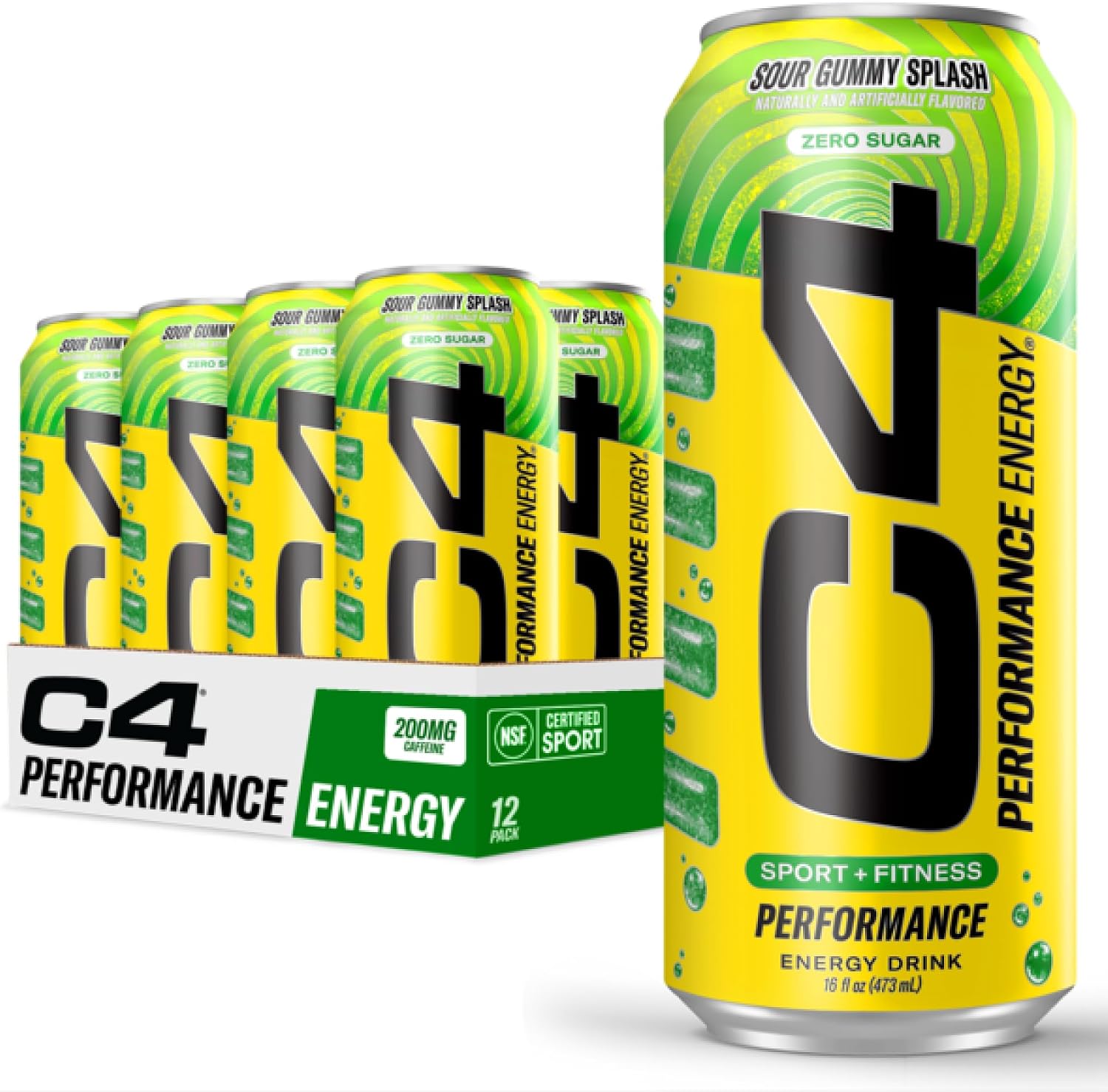 C4 Performance Energy Drink with Zero Sugar, 200mg Caffeine, 16 Fl Oz 12pk | Sour gummy splash with 200mg caffeine, beta-alanine & BetaPower betaine for explosive energy and performance.