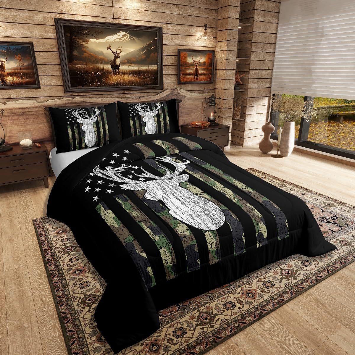 American Flag Comforter Set,Deer Hunting Down Comforter Army Green Military Camo Bedding Set Full For Boys Teens Kids Man,Western Farmhouse Stars Stripes Bedding Quilt Set Bedroom Decor 3 Pcs