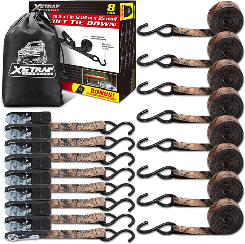 XSTRAP STANDARD 8-Pack Ratchet Tie Down Straps, 1"x10 FT, 900LB, Camouflage