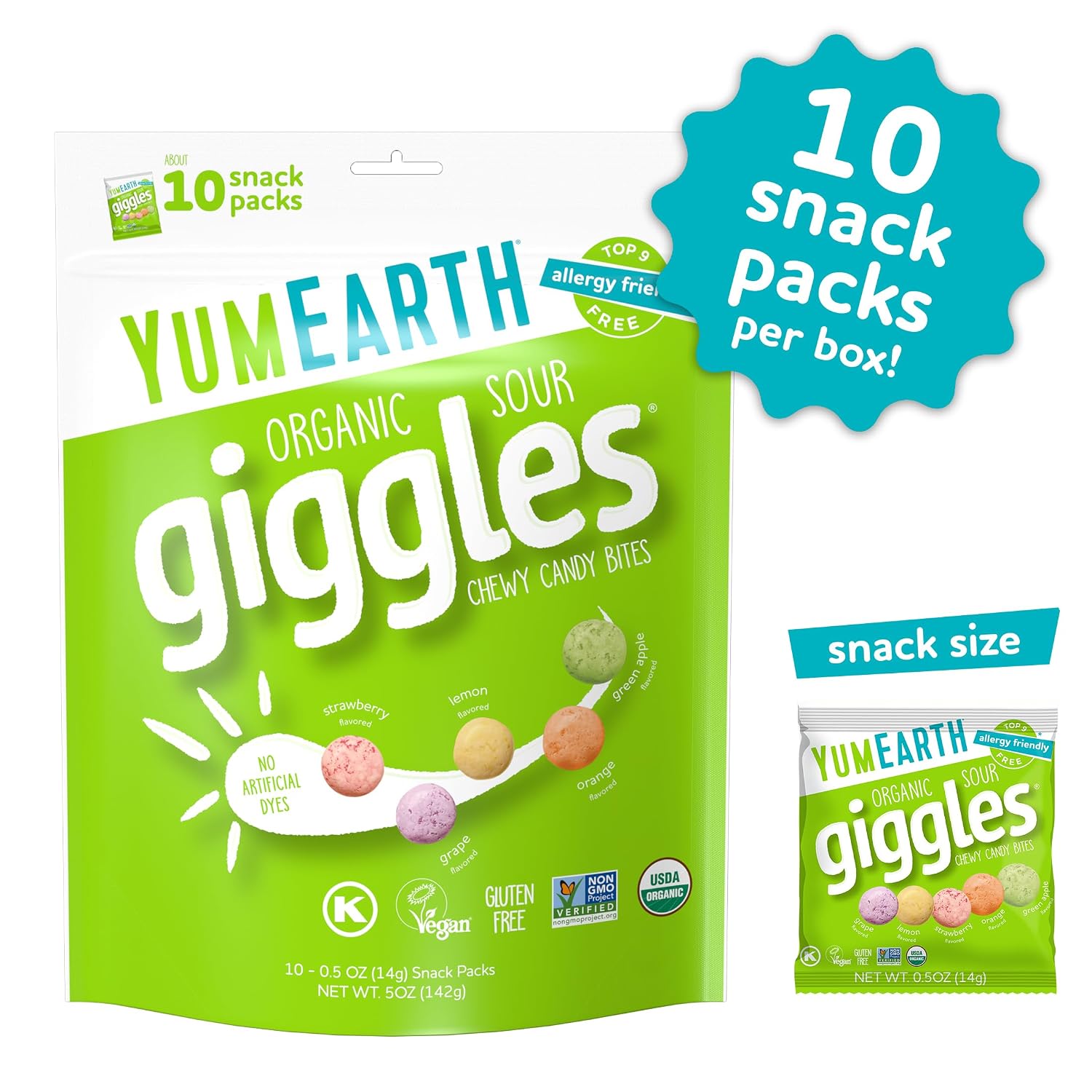 YumEarth Organic Sour Giggles Chewy Candy, 0.5oz Snack Packs (Pack of 10)
