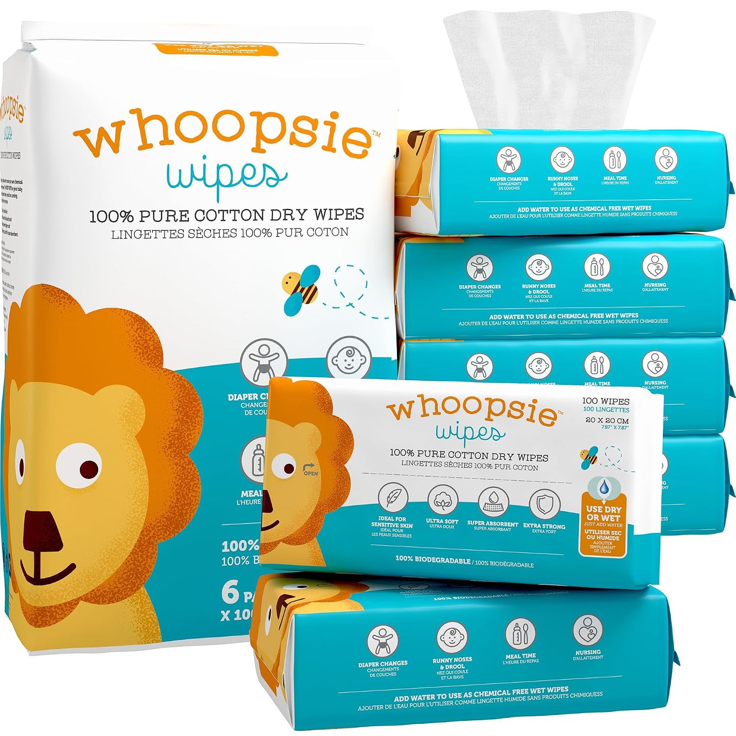 Whoopsie Wipes – The Original 100% Pure Cotton Dry Baby Wipes (600 Count)
