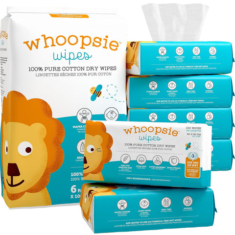 Whoopsie Wipes – The Original 100% Pure Cotton Dry Baby Wipes (600 Count)