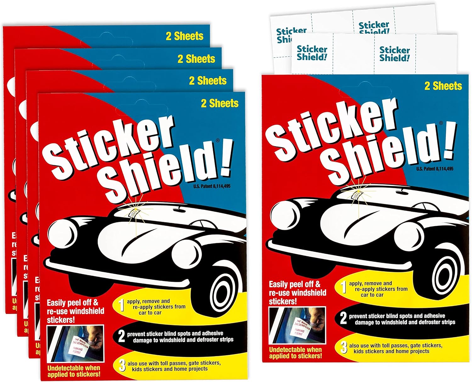 STICKER SHIELD - Windshield Sticker Applicator for Easy Application, Removal and Re-Application from Car to Car - 4 inch x 6 inch Sheets (Pack of 2 Sheets)