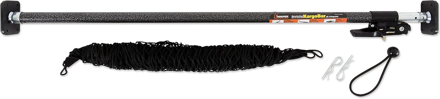 KEEPER Ratcheting Cargo Bar - Rubber, Black/Silver, Adjustable from 40"-70" - Comes with 60” x 24” Storage Net (5060), For Truck
