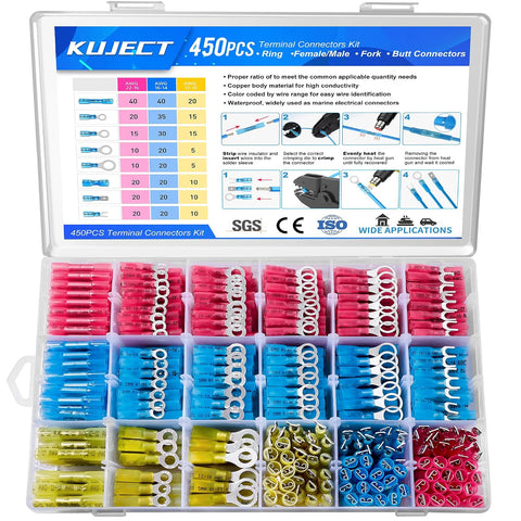 Kuject 450PCS Heat Shrink Wire Connectors, Multipurpose Waterproof Electrical Wire Terminals kit, Insulated Crimp Connectors Ring Fork Spade Butt Splices for Automotive Marine Boat Truck