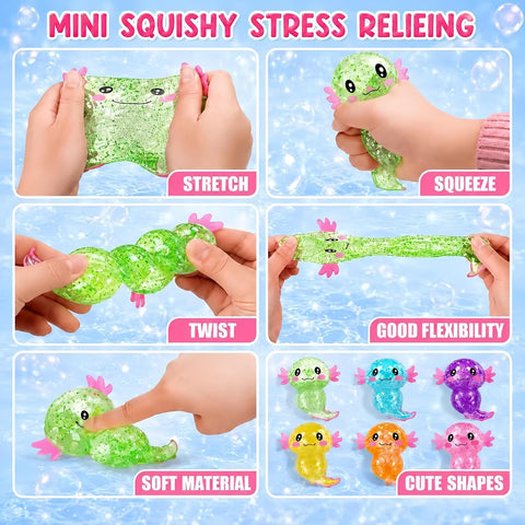 Axolotl Squishy Stress Relief Toy,Glitter Fidget Squishy Toys,Cute Axolotls Squeeze Toys, Fidget Toys for Kids Youth Adult,Party Favors (2PCS Blue+Pink Axolotl)