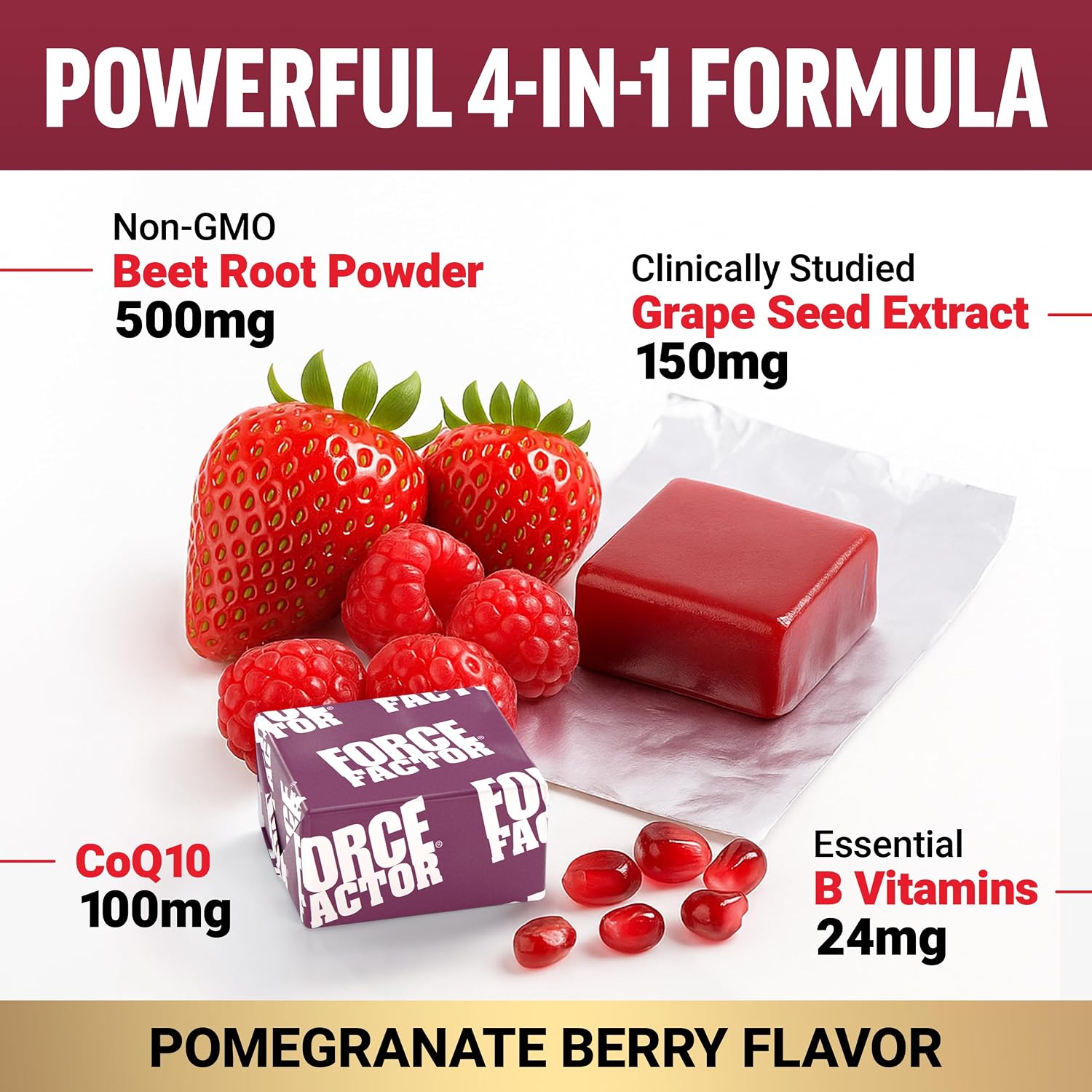 Force Factor Total Beets Ultimate Heart Health for Blood Pressure Support | with Beet Root Powder, CoQ10 for Nitric Oxide & Energy, Clinically Studied Ingredients, Pomegranate Berry, 60 Soft Chews