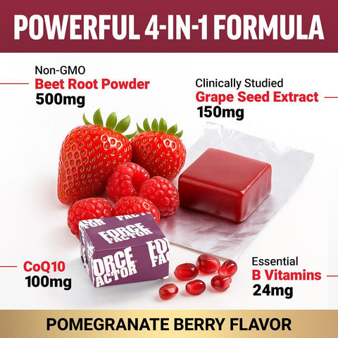 Force Factor Total Beets Ultimate Heart Health for Blood Pressure Support | with Beet Root Powder, CoQ10 for Nitric Oxide & Energy, Clinically Studied Ingredients, Pomegranate Berry, 60 Soft Chews