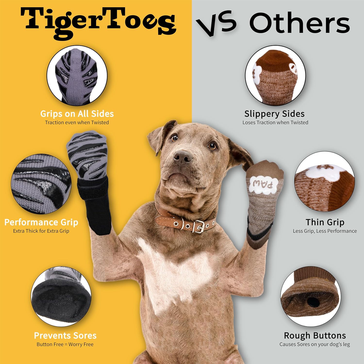 DOK TigerToes Premium Non-Slip Dog Socks for Hardwood Floors - Extra-Thick Grip that Works Even When Twisted - Prevents Licking, Slipping, and Great for Dog Paw Protection - Size Large