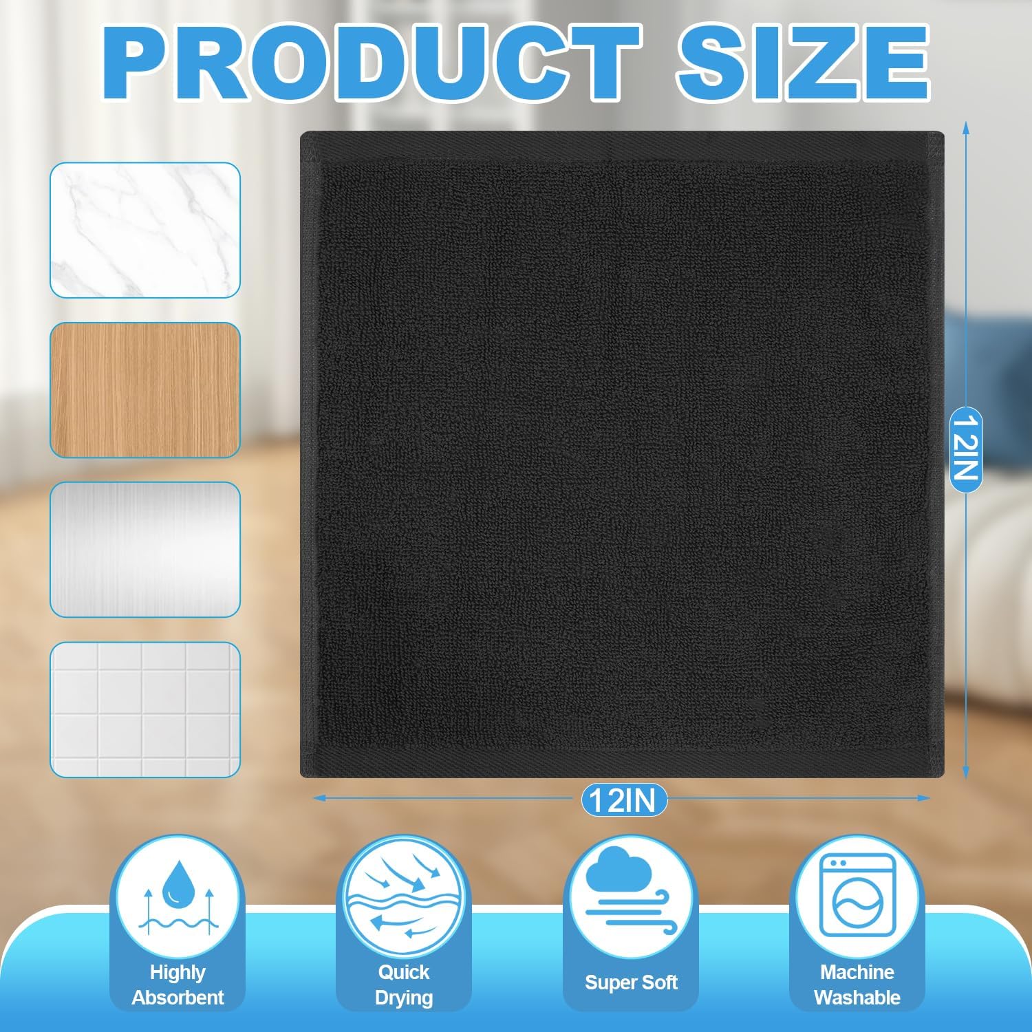 100% Cotton Washcloths Set, 12-Pack Wash Cloths,12x12 Inch Black