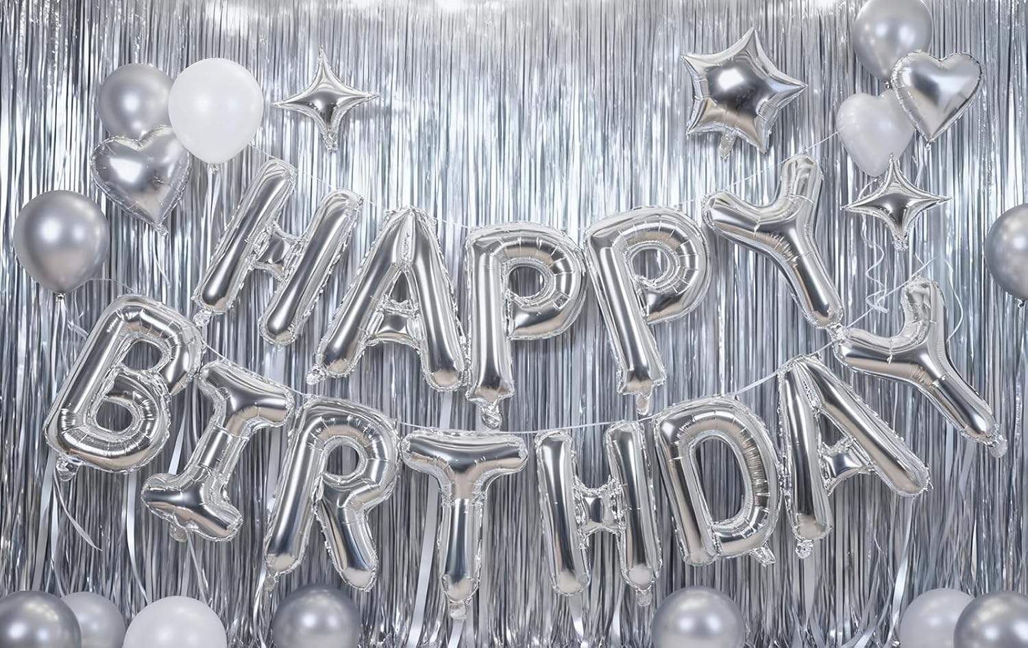 Silver Happy Birthday Balloons Banner Sign Mylar letter Party Decoration