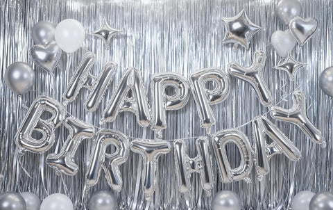 Silver Happy Birthday Balloons Banner Sign Mylar letter Party Decoration