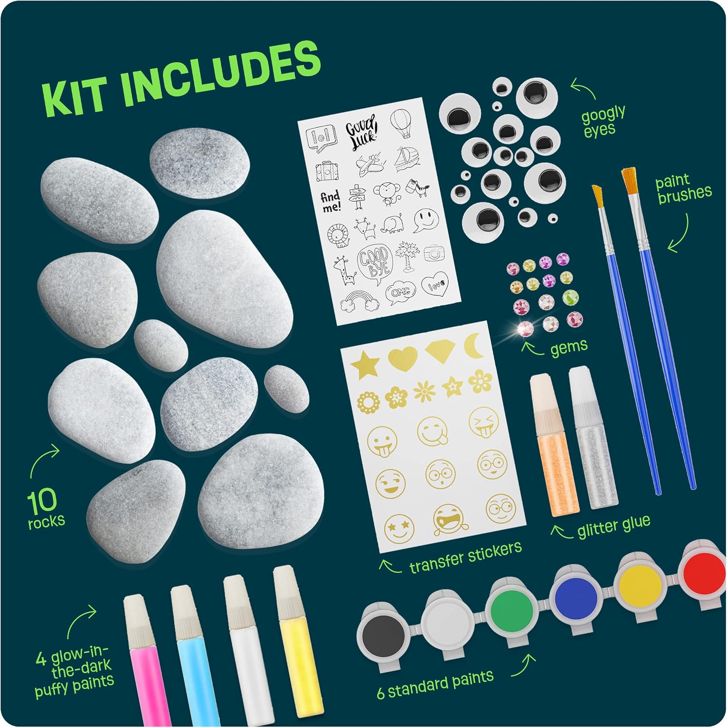 Dan&Darci Kids Rock Painting Kit - Glow in The Dark - Gifts Arts & Crafts for Boys and Girls Ages 6-12 - Craft Activities Kits - Creative Art Toys for 6, 7, 8, 9, 10, 11 & 12 Year Old Kid
