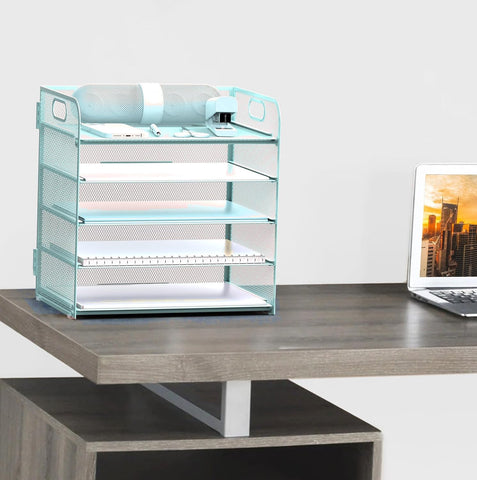 Letter Tray Paper Organizer 5-Tier Desk Organizer File Organizer Paper Holder with Handle, Metal Desktop Document Shelf Tray Office Classroom Organization - Blue