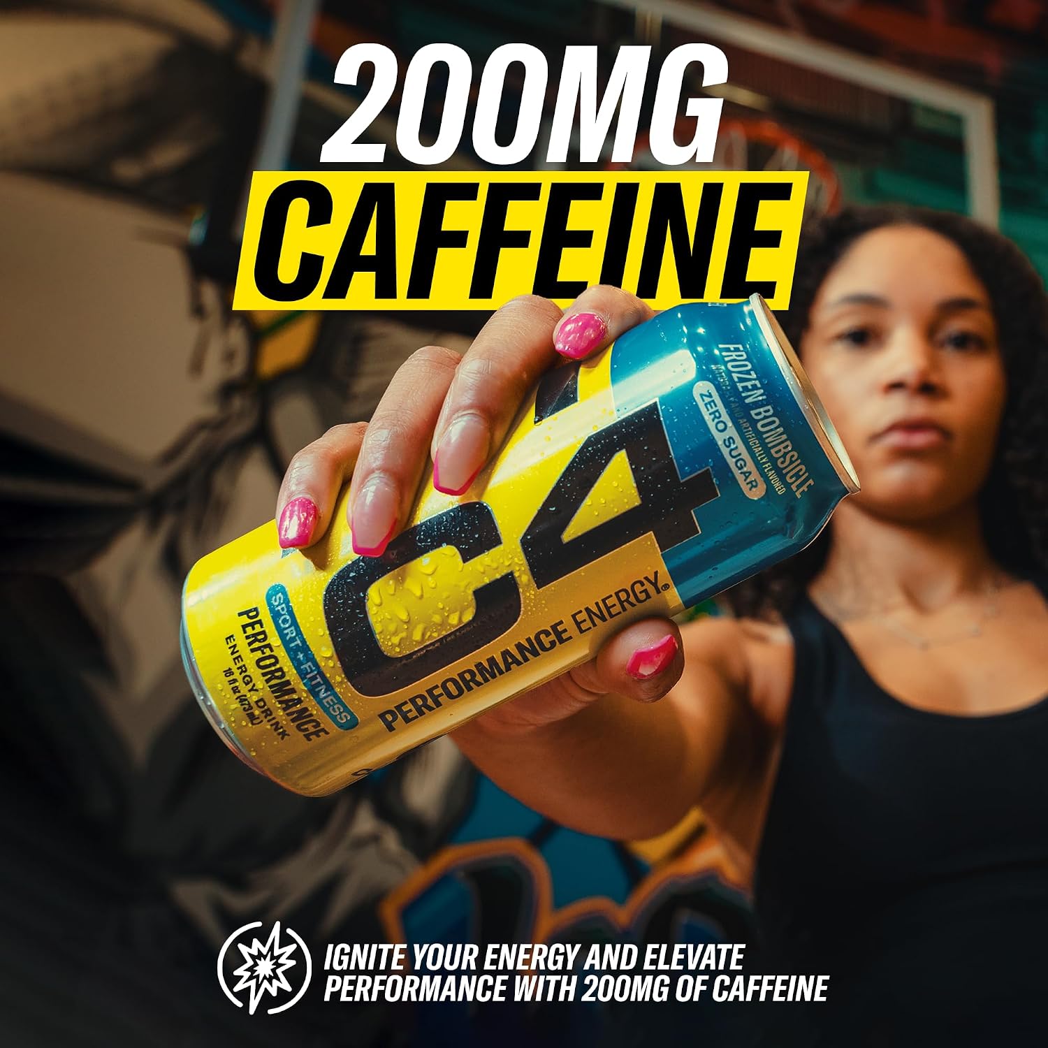 C4 Performance Energy Drink with Zero Sugar, 200mg Caffeine, 16 Fl Oz 12pk | Sour gummy splash with 200mg caffeine, beta-alanine & BetaPower betaine for explosive energy and performance.