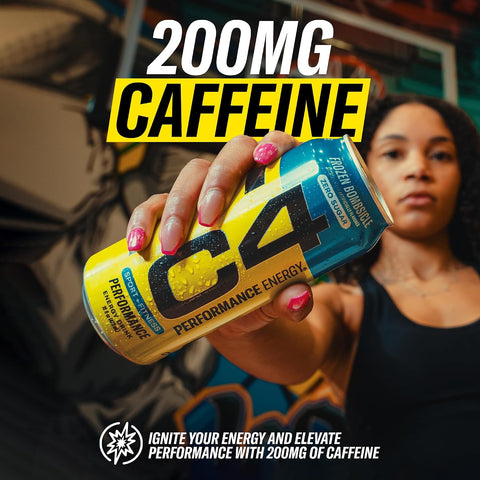C4 Performance Energy Drink with Zero Sugar, 200mg Caffeine, 16 Fl Oz 12pk | Sour gummy splash with 200mg caffeine, beta-alanine & BetaPower betaine for explosive energy and performance.