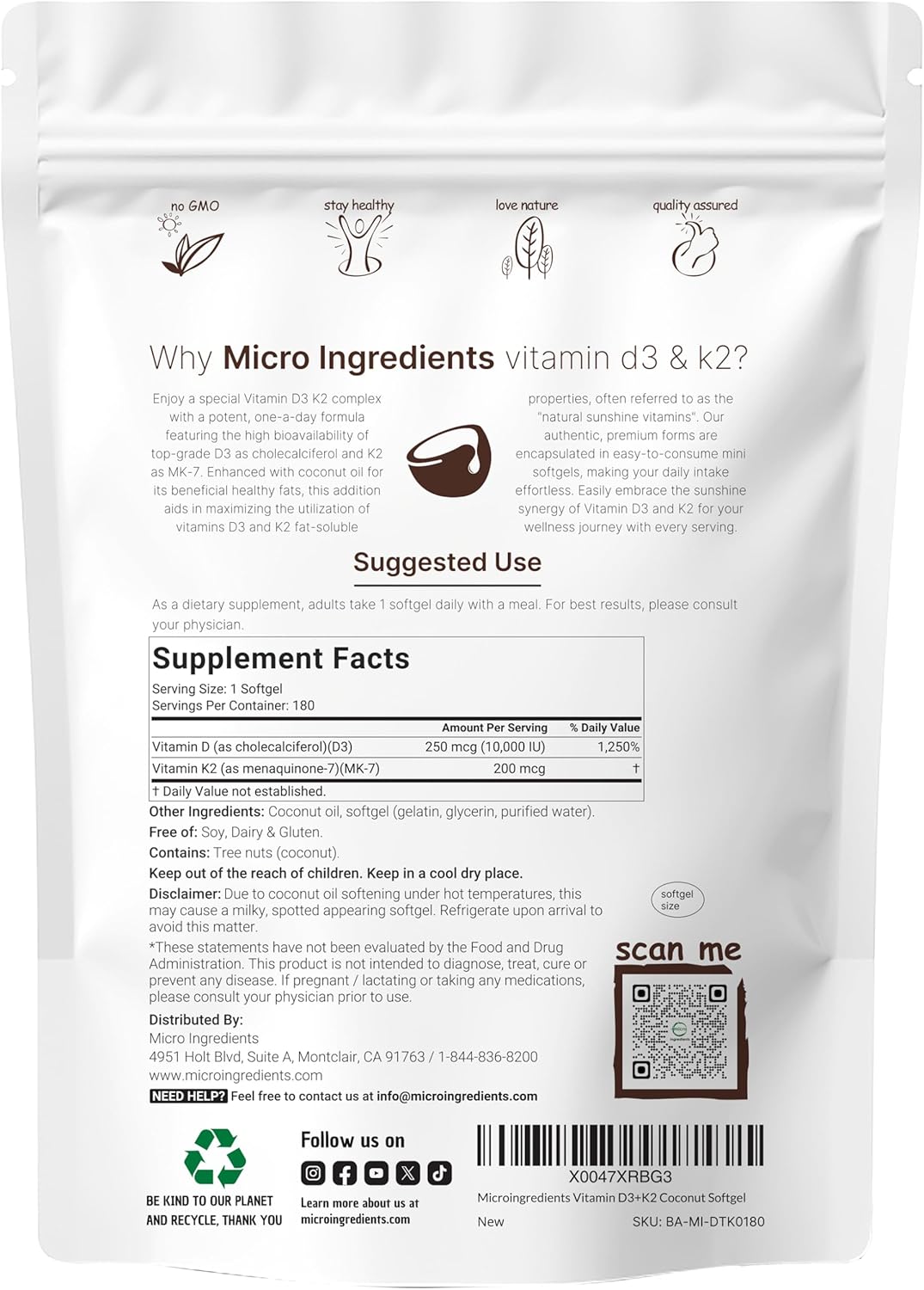 Micro Ingredients Vitamin D3 K2 MK-7 10,000 IU Per Serving, 180 Softgels