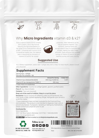 Micro Ingredients Vitamin D3 K2 MK-7 10,000 IU Per Serving, 180 Softgels