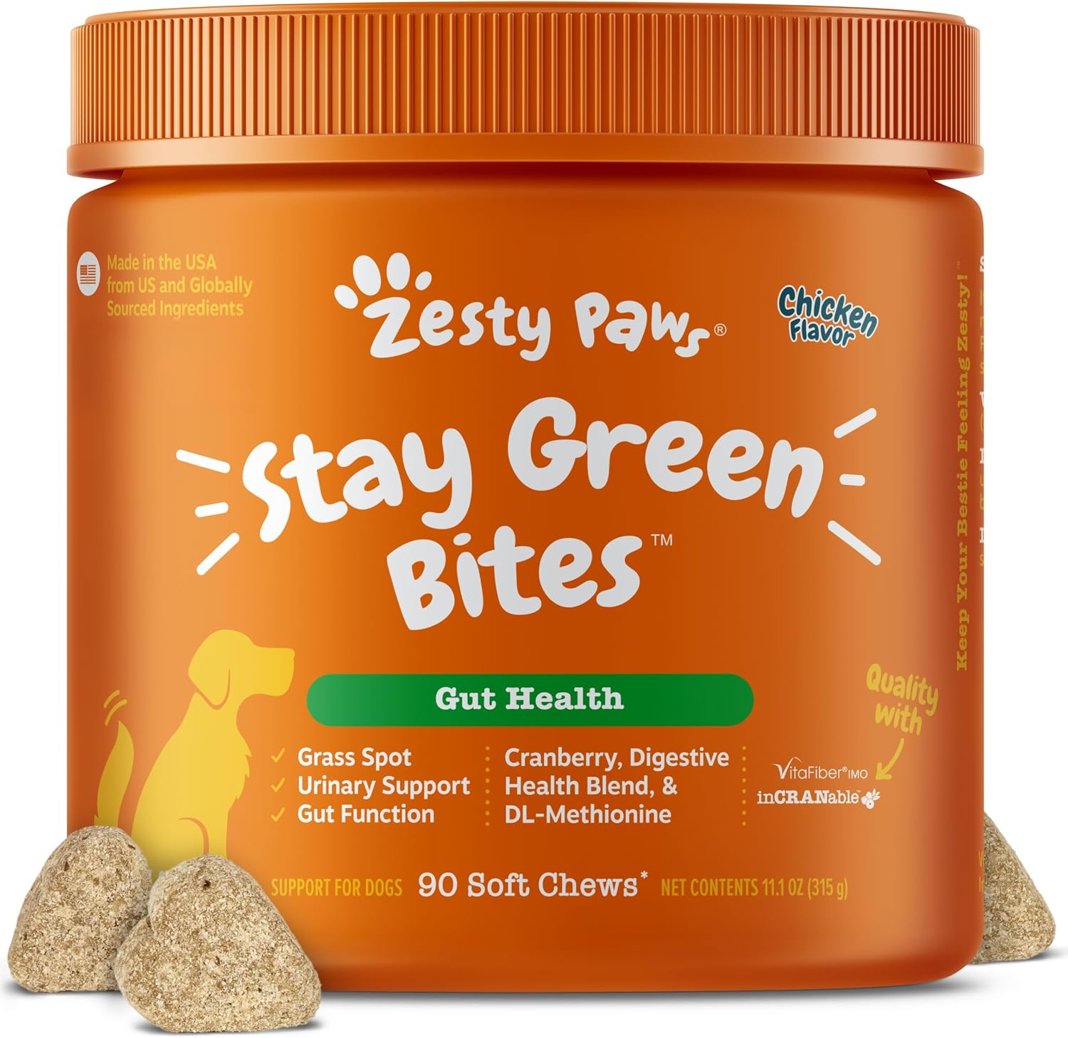 Zesty Paws Stay Green Bites for Dogs - Grass Burn Soft Chews for Lawn Spots Caused by Dog Urine - with Cranberry for Urinary Tract & Bladder - Chicken - 90 Count