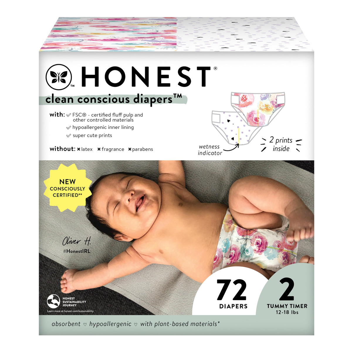 The Honest Company Clean Conscious Diapers | Plant-Based, Sustainable | Young at Heart + Rose Blossom | Club Box, Size 2 (12-18 lbs), 72 Count