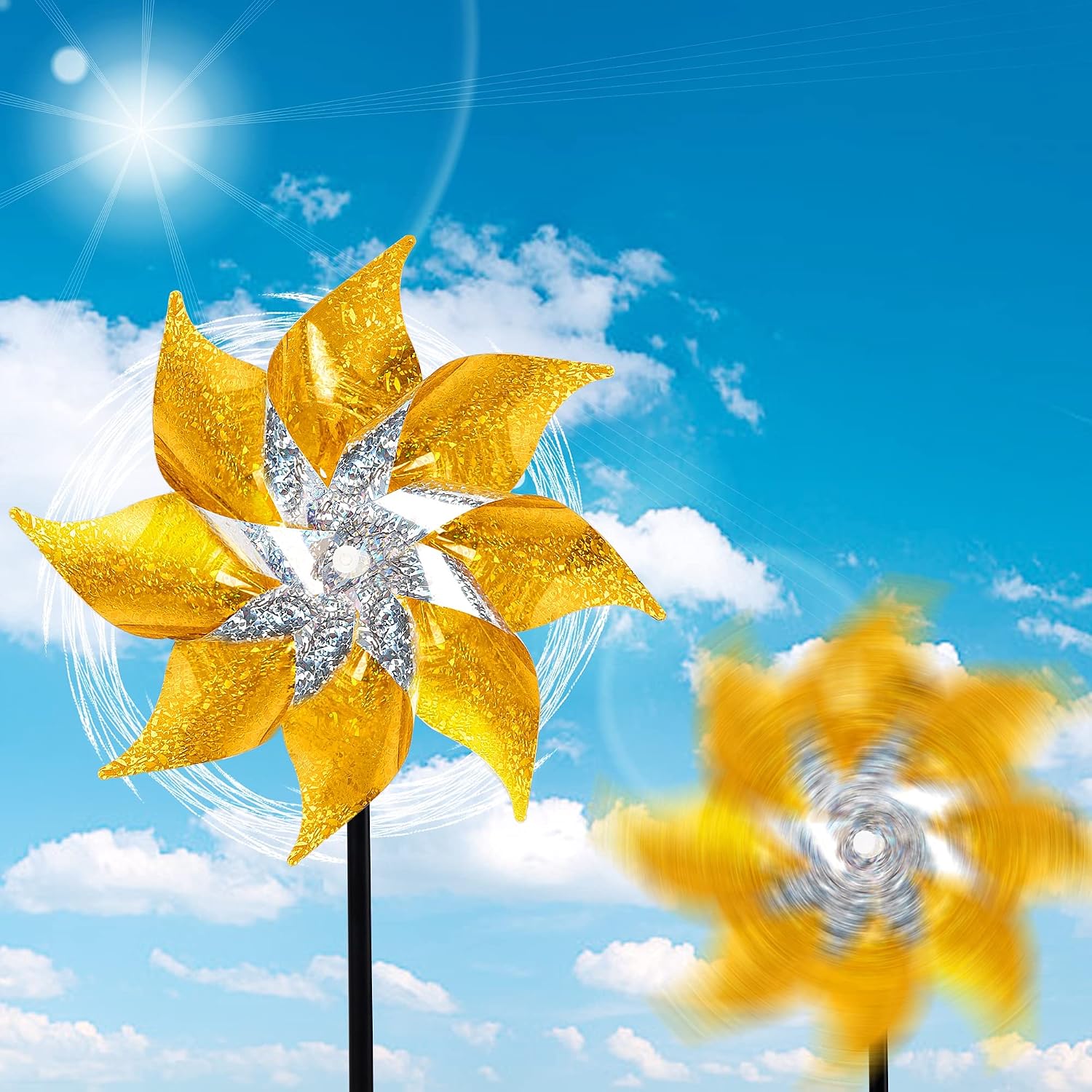 Hausse 10 Pack Reflective Pinwheels with Stakes (Assembly Required), Extra Sparkly Pin Wheel for Garden Decor, Bird Repellent Devices Deterrent to Scare Birds Away from Yard Patio Farm, Golden