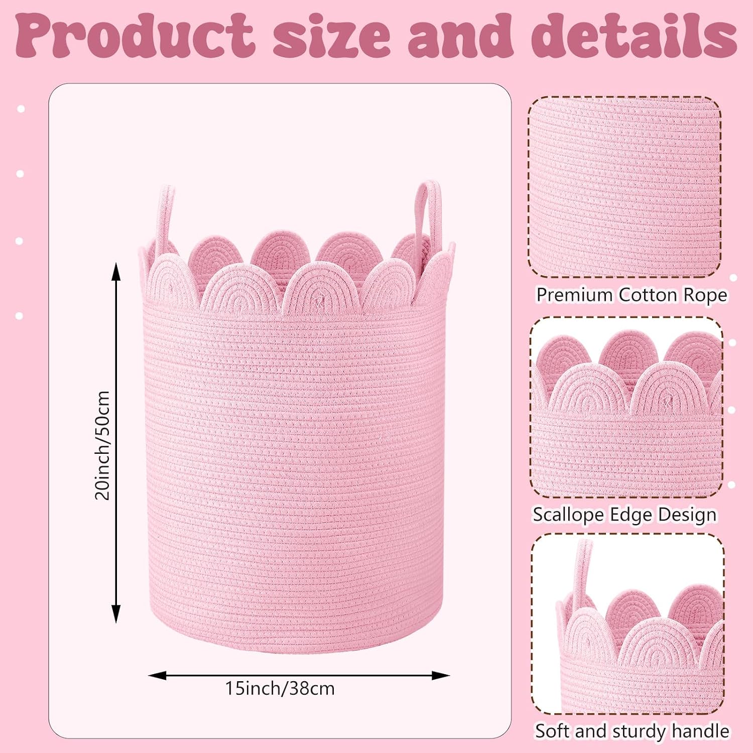 LemonRoad Pink Round Storage Basket Scalloped Cotton Rope Basket 15''x20''