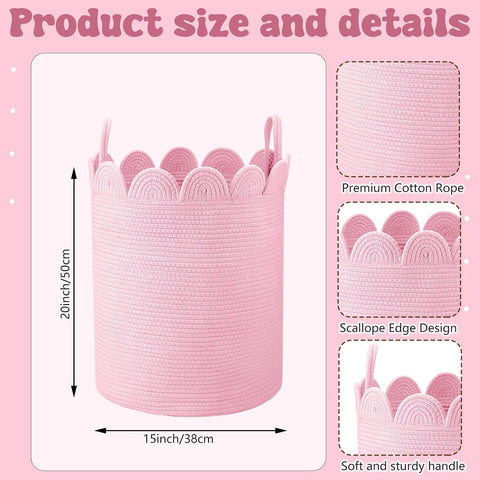 LemonRoad Pink Round Storage Basket Scalloped Cotton Rope Basket 15''x20''