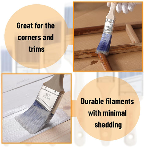 Bates- Paint Brushes, 6 Pack, 1", 1.5", 2", 2.5", 3", 4", Wooden Handle, Flat Wall Paint Brushes for Walls, Furniture