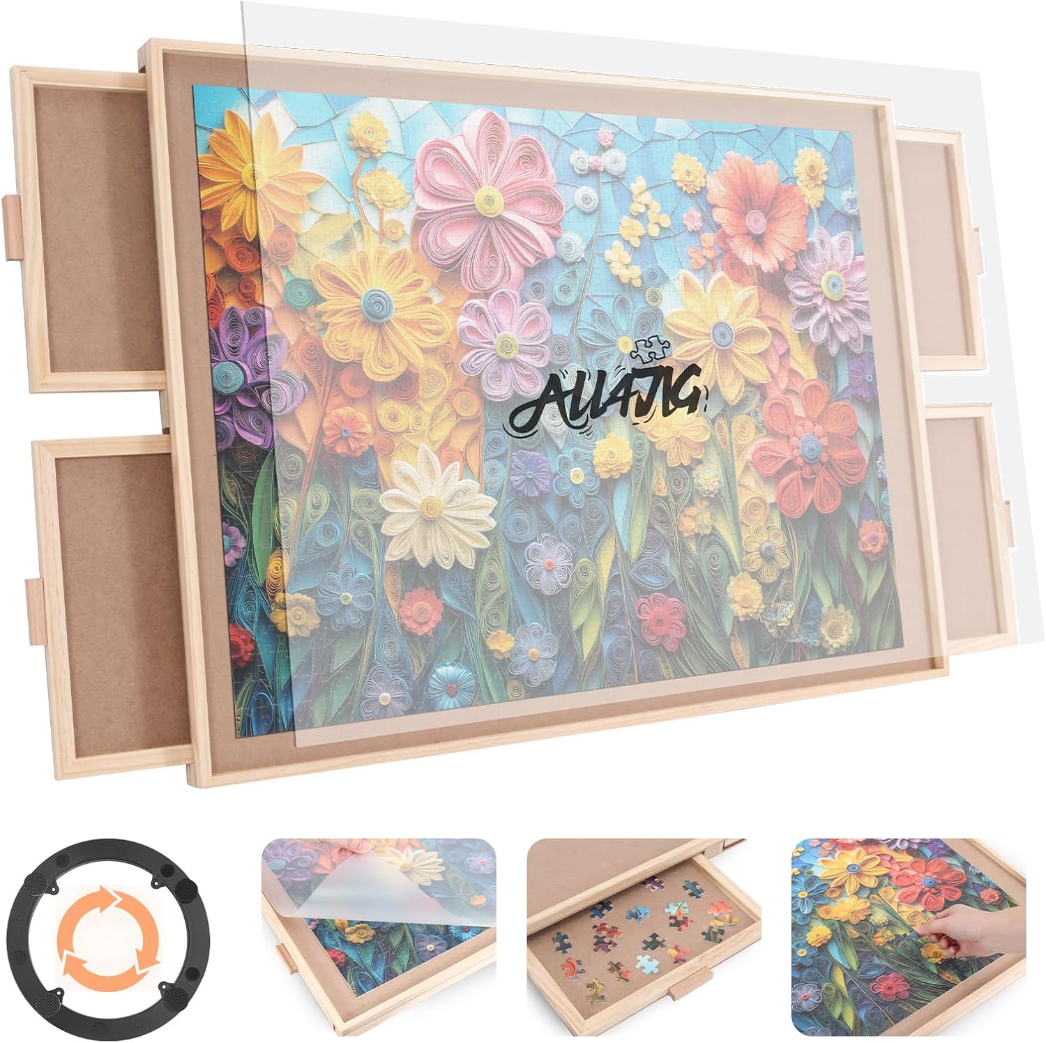 ALL4JIG 1500 Piece Rotating Puzzle Board with 4 Drawer 24.92"x33.58"Portable Wooden Jigsaw Puzzle Table for Adults,Lazy Susan Spinning Puzzle Boards Birthday Gift for mom,Surface for Lego Building
