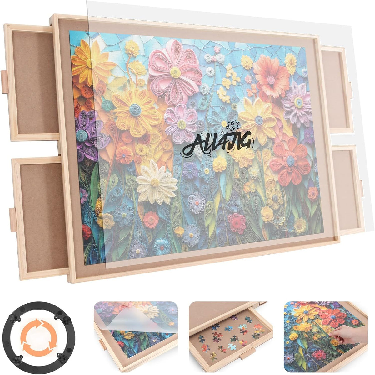 ALL4JIG 1500 Piece Rotating Puzzle Board with 4 Drawer 24.92"x33.58"Portable Wooden Jigsaw Puzzle Table for Adults,Lazy Susan Spinning Puzzle Boards Birthday Gift for mom,Surface for Lego Building