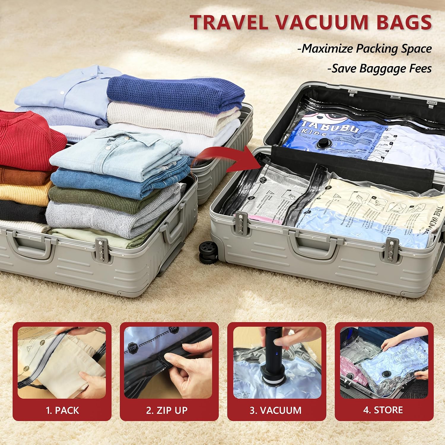 Travel Vacuum Bags for Clothing with Cordless Pump 30 Combo, Clear