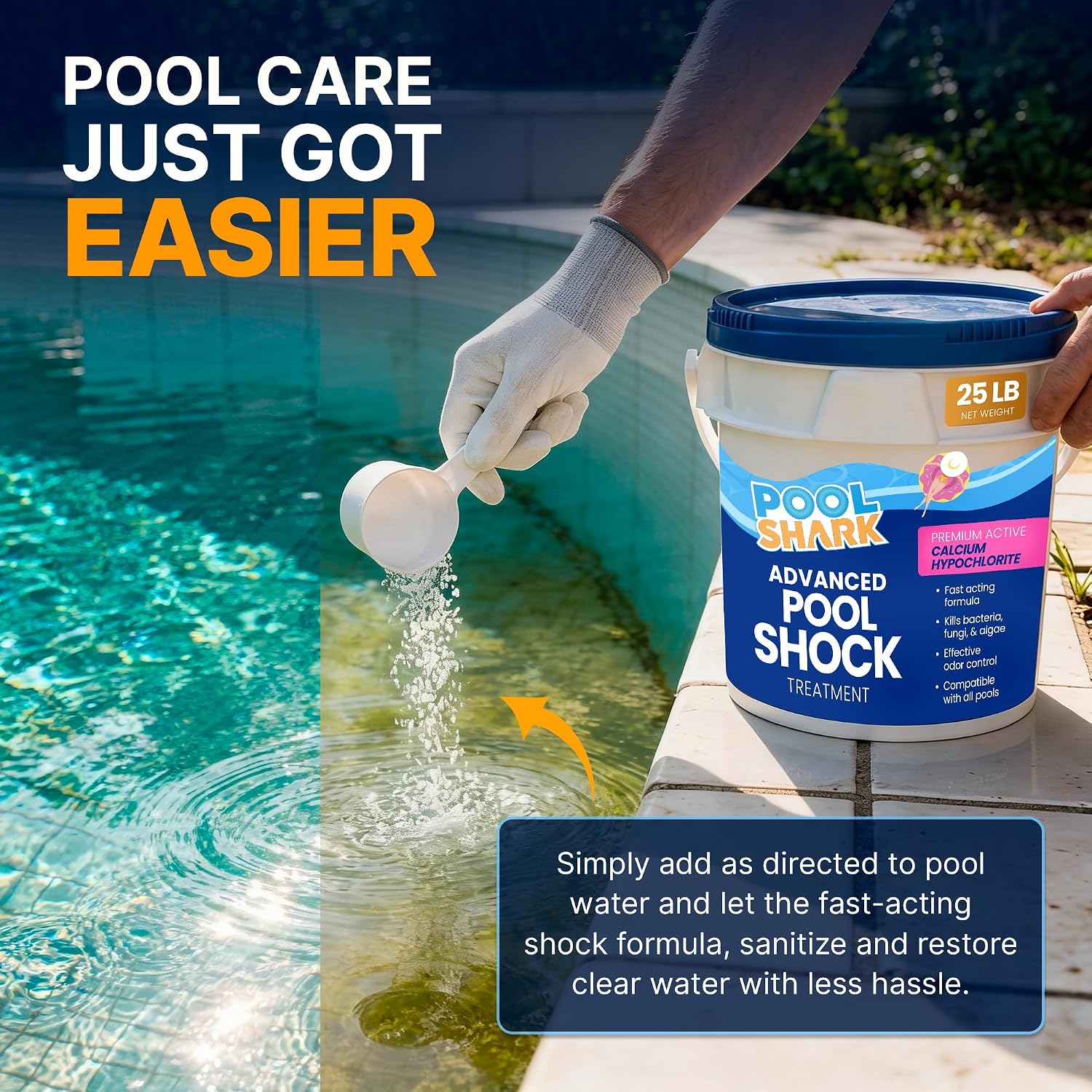 POOL SHARK 68% Calcium Hypochlorite Pool Shock | 25 lb Bucket Chlorine Granules | Pool Shock Treatment for Swimming Pools | Inground & Above Ground Pool Cleaning, Fast-Acting Chlorine Shock