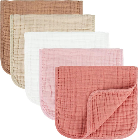 MIGIOL Baby Burp Cloths 100% Cotton Newborn Muslin Burp Cloths 10x20 inches Baby Essentials Pink & Coffee 5-Pack