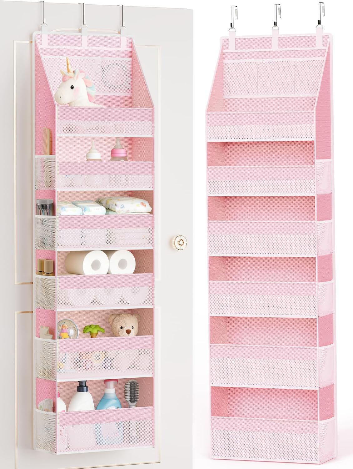 Criusia Over the Door Organizer, 6-Shelf Closet Hanging Storage with 13 Mesh Pockets, 55lbs Capacity Behind the Door Storage for Baby Nursery, Bathroom, Bedroom, and Dorm, Pink