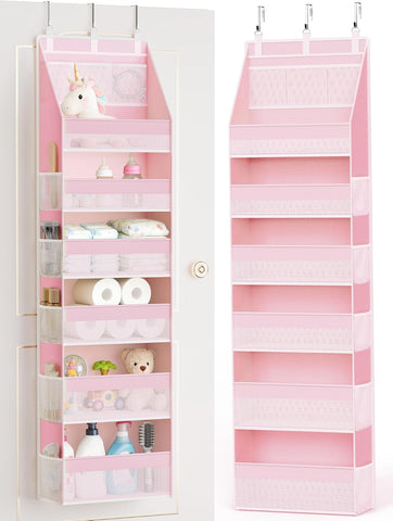 Criusia Over the Door Organizer, 6-Shelf Closet Hanging Storage with 13 Mesh Pockets, 55lbs Capacity Behind the Door Storage for Baby Nursery, Bathroom, Bedroom, and Dorm, Pink