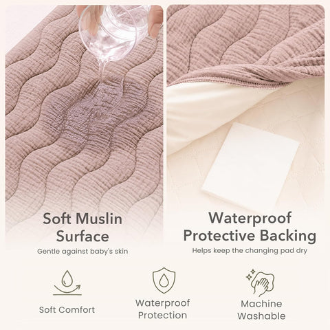 Konssy 2 Pack Quilted Muslin Changing Pad Cover, Waterproof Layer 32" x 16"