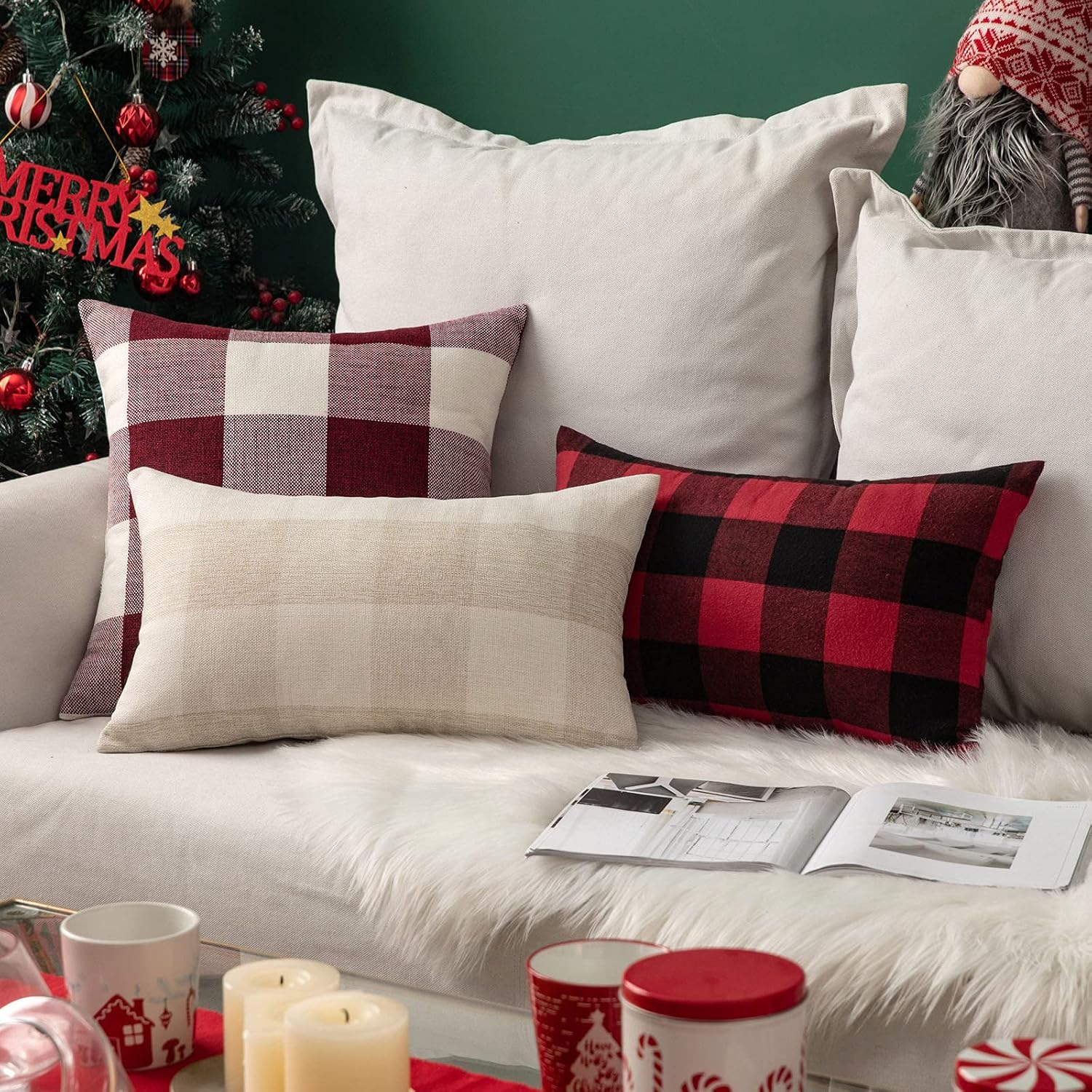 MIULEE Christmas Plaid Lumbar Pillow Covers 12x20 Black and Red Pack of 2