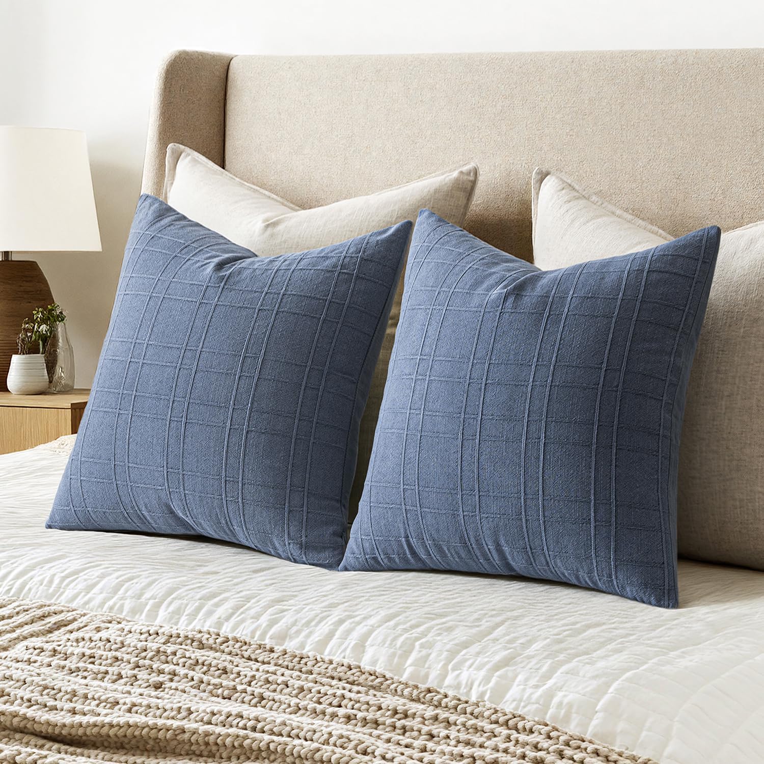 MIULEE Linen Plaid Pillow Covers Coastal Decorative 16x16 Blue