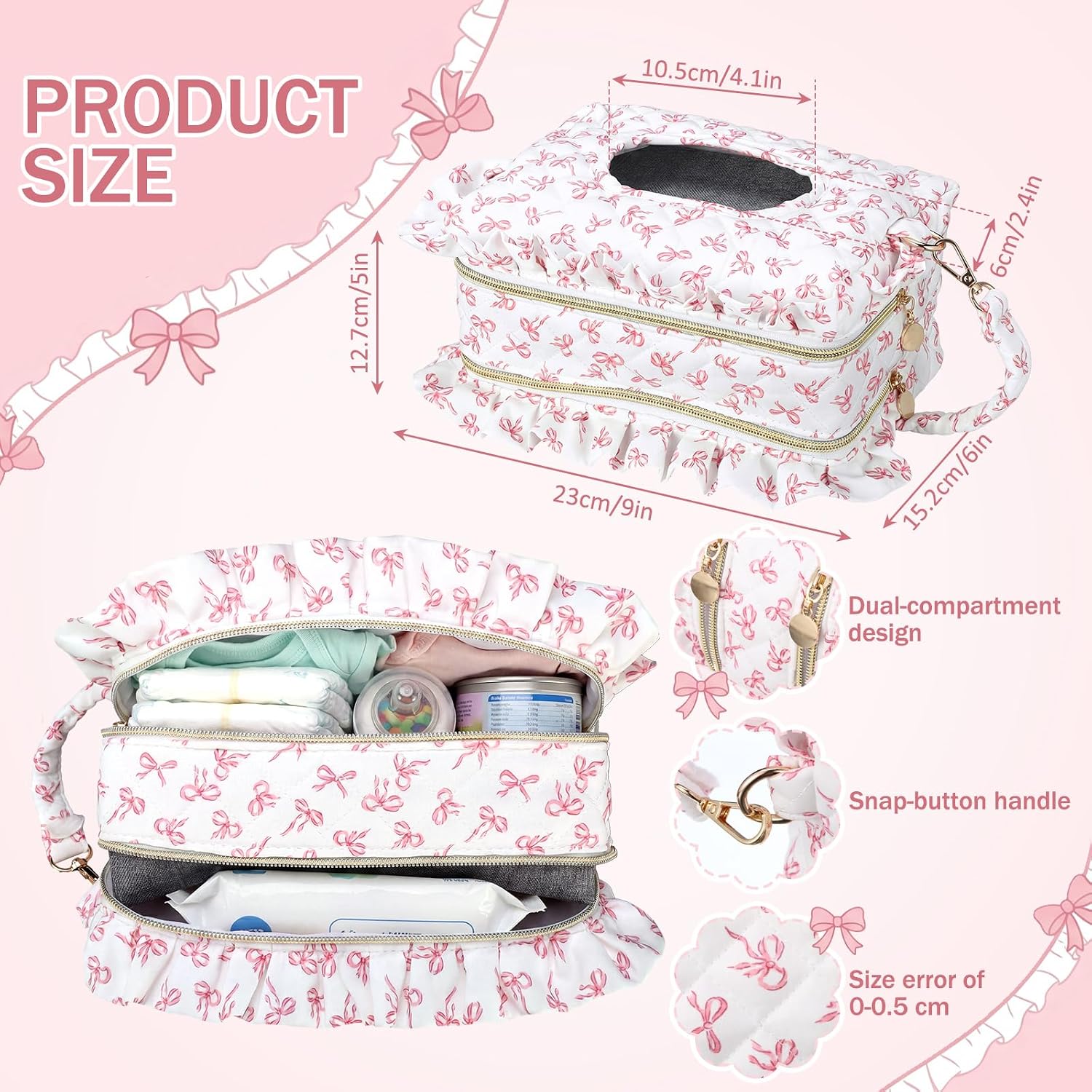 Aliceset Pink Bow Ruffle Diaper and Wipe Pouch Baby Wipe Holder