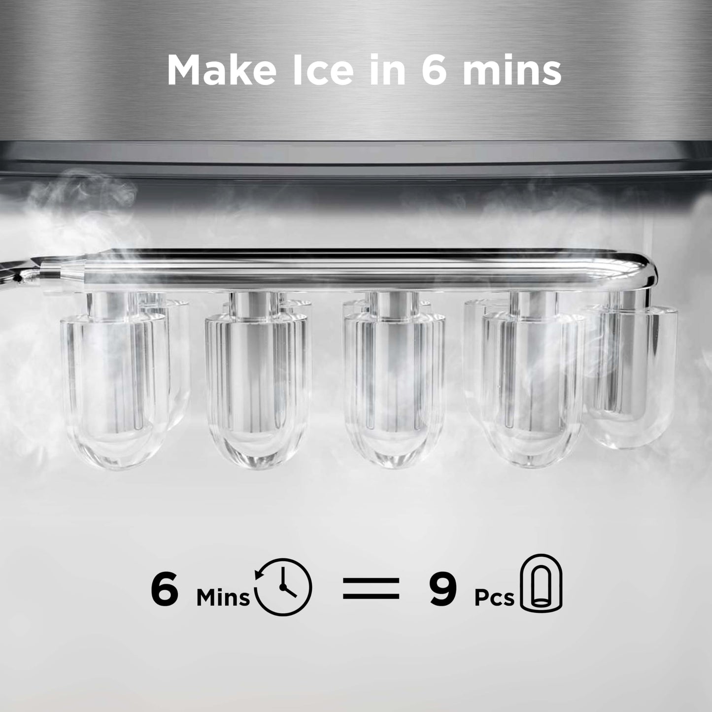 Silonn Countertop Ice Maker, 9 Ice Cubes in 6 Mins, 26 Lbs in 24 Hrs, Compact Ice Machine with Ice Basket & Scoop, 2 Ice Sizes Self-Cleaning Ice Maker for Home/Party/Office, Stainless Steel