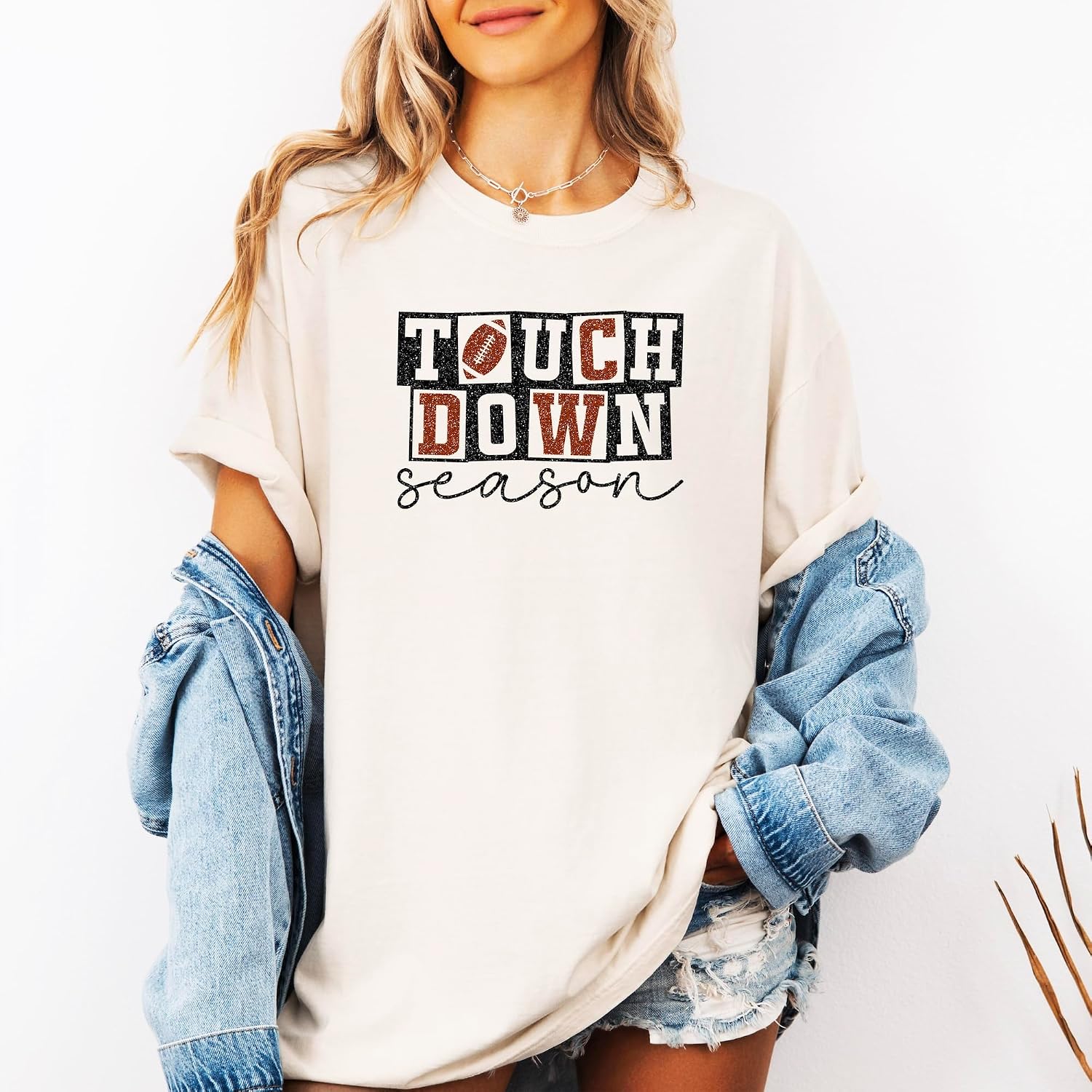 Touchdown Season Shirt for Women and Teens Cute Girly Checkered Fall Football Oversized Tee