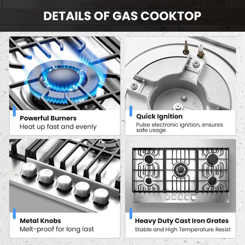 Gas Cooktop 36 Inch Built-in Gas Stove Top for RVs Kitchen Outdoor
